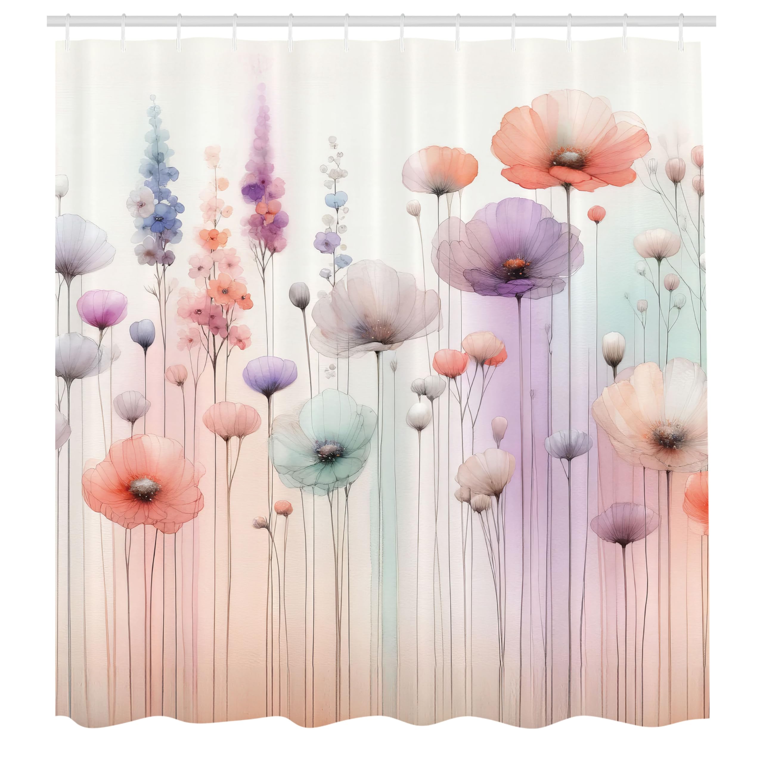 Ambesonne Floral Shower Curtain, Dreamy Silhouettes Of Fantasy Woods Gentle Poppy Flowers And Lavenders, Cloth Fabric Bathroom D